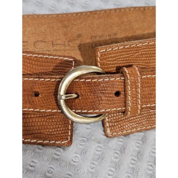 Vintage Echo Wide Embossed Leather Belt Gold Buckle Size Large Tan Brown 33-36" - Picture 2 of 6